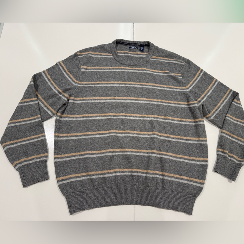 IZOD Men's Gray Beige White Striped Knit Pullover Sweater Crew Neck (XXL)